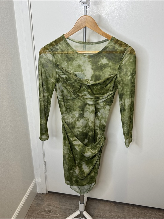 SHEIN Dresses & Skirts - SHEIN Sheer Olive Green Tie-Dye Ruched Long Sleeve Dress Resort Wear